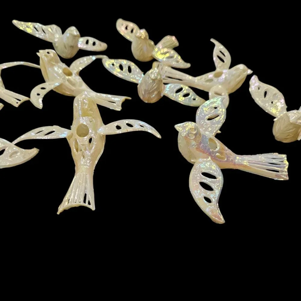 MCM Christmas Light Bird Toppers Pearlescent Plastic‎ Set 10 Cream VTG Ornaments